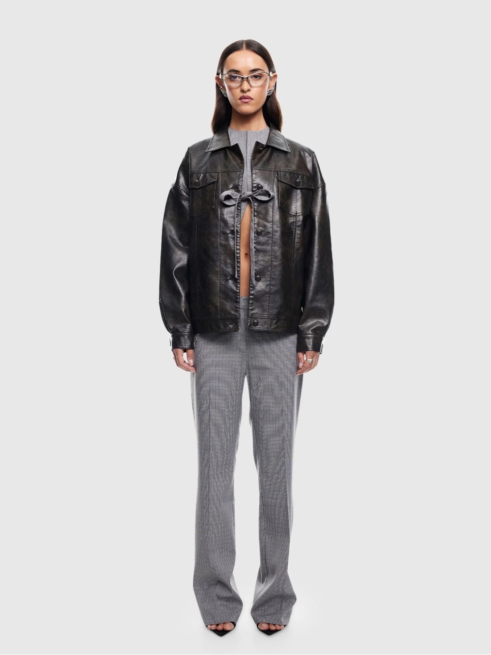 Lioness Black Leather Button-Front Bomber Jacket